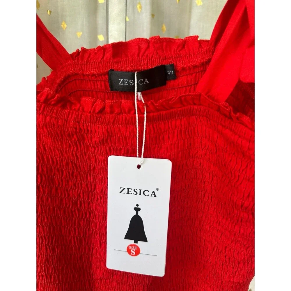 Zesica NWT Smocked Self Tie Straps Ruffle Trim Tiered Swing Mini Dress S